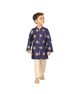 pure silk blend blue Boys Kurta  Waistcoat and Dhoti Pant Set 2