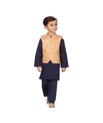 poly cotton peach Boys Kurta  Waistcoat and Dhoti Pant Set 1