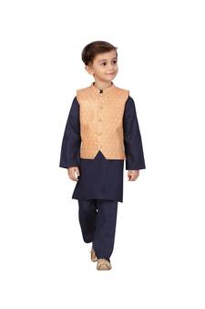 poly cotton peach Boys Kurta  Waistcoat and Dhoti Pant Set