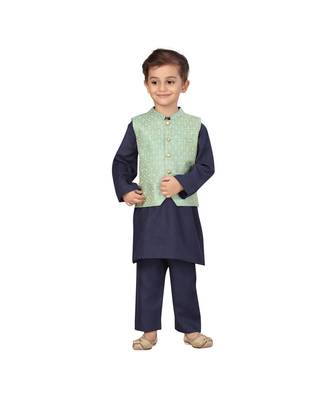poly cotton green Boys Kurta  Waistcoat and Dhoti Pant Set 1