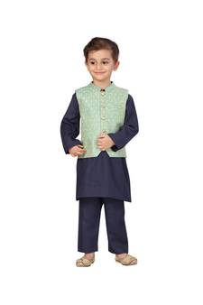 poly cotton green Boys Kurta  Waistcoat and Dhoti Pant Set