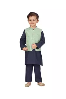 poly cotton green Boys Kurta  Waistcoat and Dhoti Pant Set