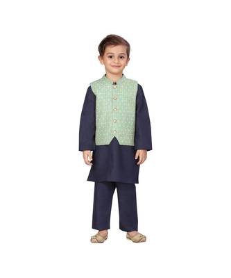 poly cotton green Boys Kurta  Waistcoat and Dhoti Pant Set 2