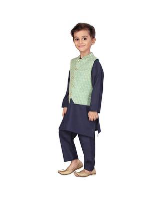 poly cotton green Boys Kurta  Waistcoat and Dhoti Pant Set 3