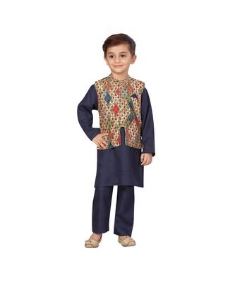 poly cotton blue Boys Kurta  Waistcoat and Dhoti Pant Set 1