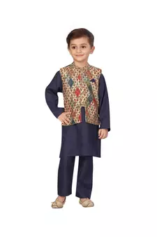 poly cotton blue Boys Kurta  Waistcoat and Dhoti Pant Set