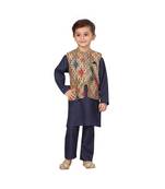 poly cotton blue Boys Kurta  Waistcoat and Dhoti Pant Set