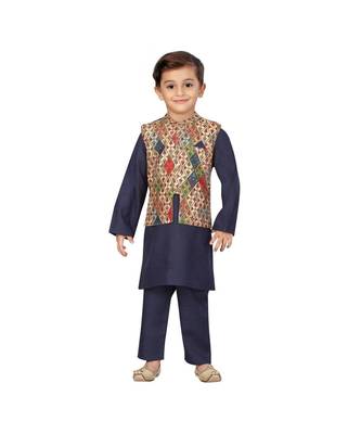 poly cotton blue Boys Kurta  Waistcoat and Dhoti Pant Set 2