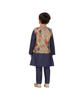 poly cotton blue Boys Kurta  Waistcoat and Dhoti Pant Set 3