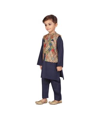 poly cotton blue Boys Kurta  Waistcoat and Dhoti Pant Set 4