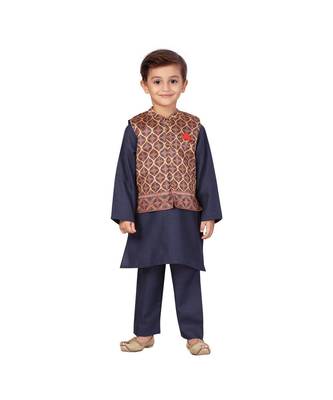 poly cotton blue Boys Kurta  Waistcoat and Dhoti Pant Set 1