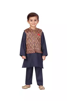 poly cotton blue Boys Kurta  Waistcoat and Dhoti Pant Set