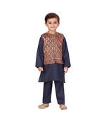 poly cotton blue Boys Kurta  Waistcoat and Dhoti Pant Set