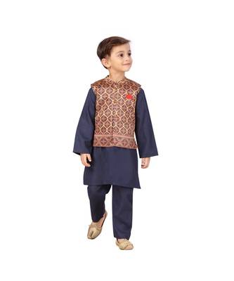 poly cotton blue Boys Kurta  Waistcoat and Dhoti Pant Set 2