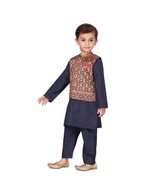 poly cotton blue Boys Kurta  Waistcoat and Dhoti Pant Set 4