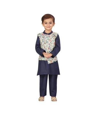 poly cotton blue Boys Kurta  Waistcoat and Dhoti Pant Set 1