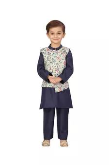 poly cotton blue Boys Kurta  Waistcoat and Dhoti Pant Set