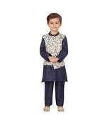 poly cotton blue Boys Kurta  Waistcoat and Dhoti Pant Set