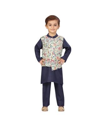 poly cotton blue Boys Kurta  Waistcoat and Dhoti Pant Set 2