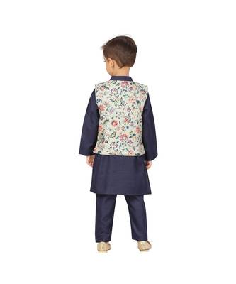 poly cotton blue Boys Kurta  Waistcoat and Dhoti Pant Set 3