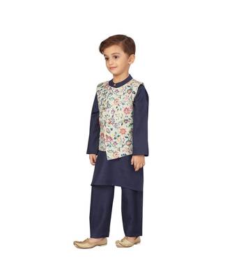 poly cotton blue Boys Kurta  Waistcoat and Dhoti Pant Set 4