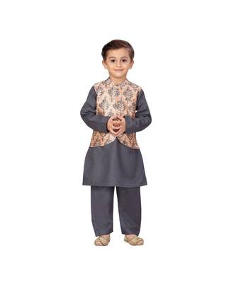 poly cotton grey Boys Kurta  Waistcoat and Dhoti Pant Set 1