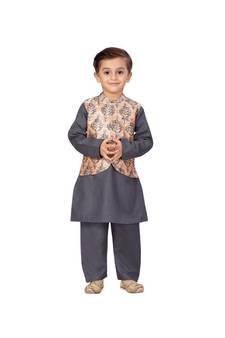 poly cotton grey Boys Kurta  Waistcoat and Dhoti Pant Set