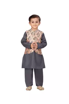 poly cotton grey Boys Kurta  Waistcoat and Dhoti Pant Set