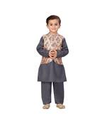 poly cotton grey Boys Kurta  Waistcoat and Dhoti Pant Set