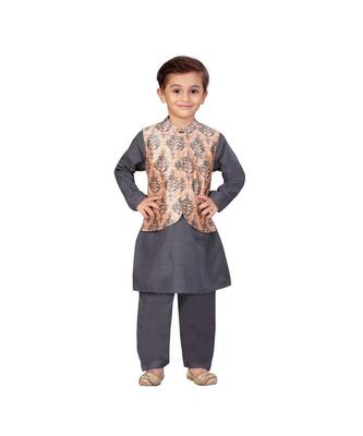 poly cotton grey Boys Kurta  Waistcoat and Dhoti Pant Set 2