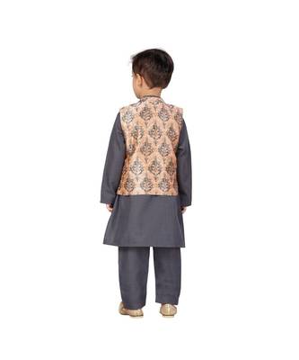 poly cotton grey Boys Kurta  Waistcoat and Dhoti Pant Set 3