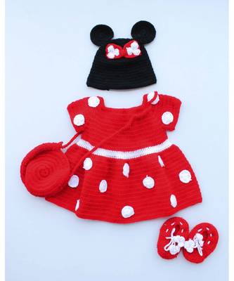 Woonie Handmade Crochet Red Polka Pattern Frock with Bag, Cap and Booties 1