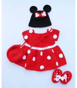 Woonie Handmade Crochet Red Polka Pattern Frock with Bag, Cap and Booties