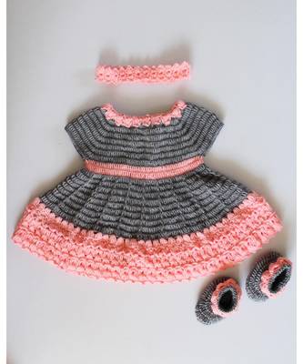 Woonie Handmade Crochet Peach and Grey Frock with Headband and Booties 1