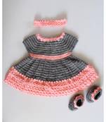 Woonie Handmade Crochet Peach and Grey Frock with Headband and Booties