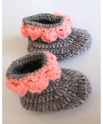 Woonie Handmade Crochet Peach and Grey Frock with Headband and Booties 2