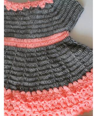 Woonie Handmade Crochet Peach and Grey Frock with Headband and Booties 3