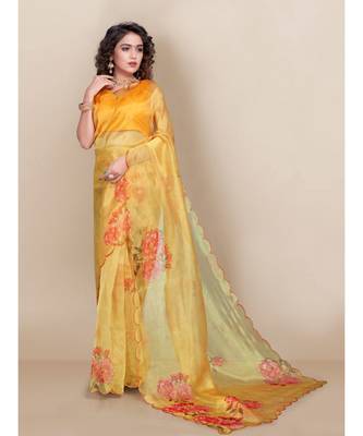 Yellow Organza Saree With Blouse Piece 1