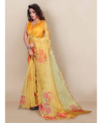 Yellow Organza Saree With Blouse Piece 2