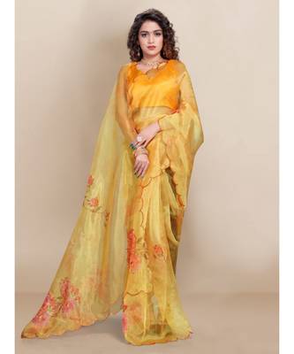 Yellow Organza Saree With Blouse Piece 3