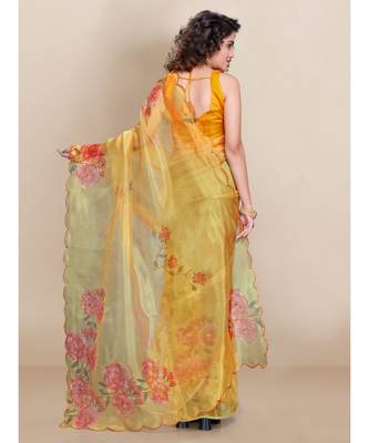 Yellow Organza Saree With Blouse Piece 4