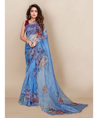 blue Organza saree with blouse piece 1