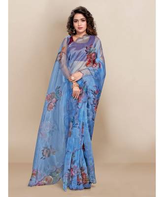 blue Organza saree with blouse piece 2