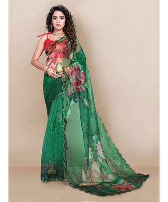 green Organza saree with blouse piece 1