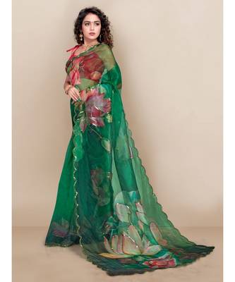 green Organza saree with blouse piece 2