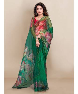 green Organza saree with blouse piece 3