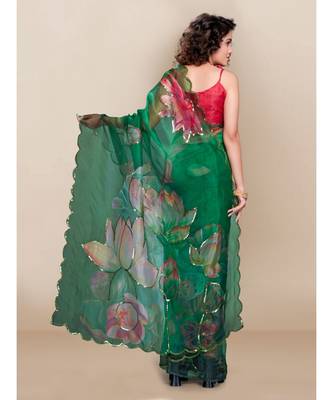 green Organza saree with blouse piece 4