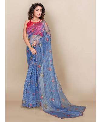 Blue Organza Saree With Blouse Piece 1