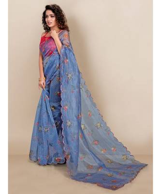 Blue Organza Saree With Blouse Piece 2