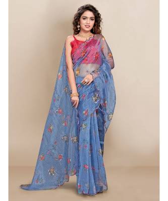 Blue Organza Saree With Blouse Piece 3